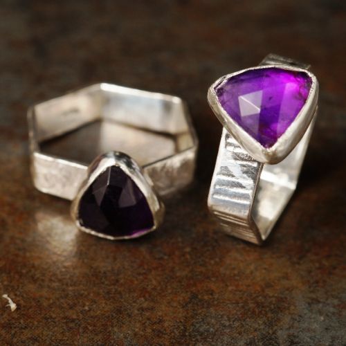 Commissioned Handcrafted Sterling Silver Bezel Amethyst Hexagonal Rings